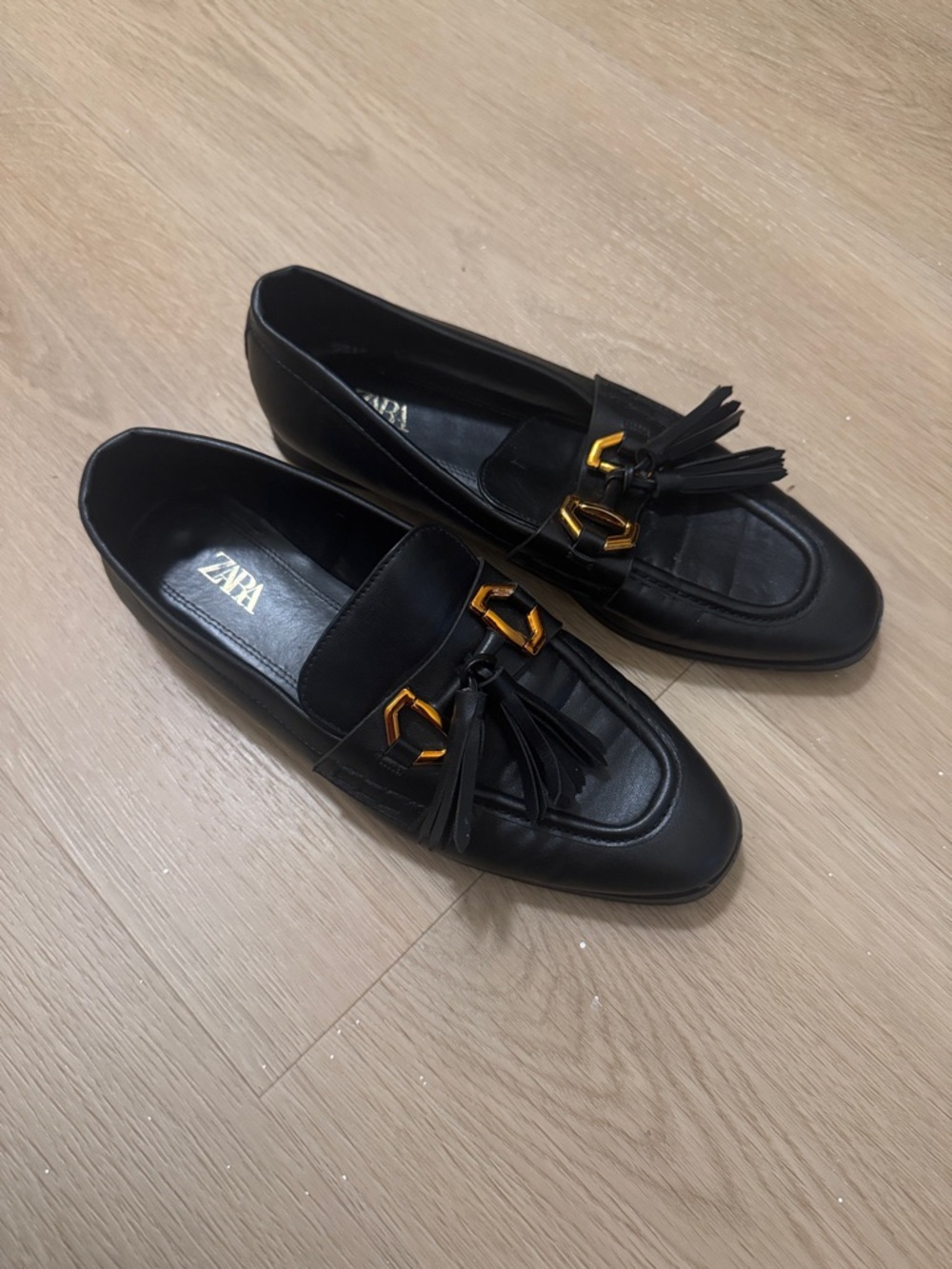 ZARA Black Leather Tassel Loafers for women